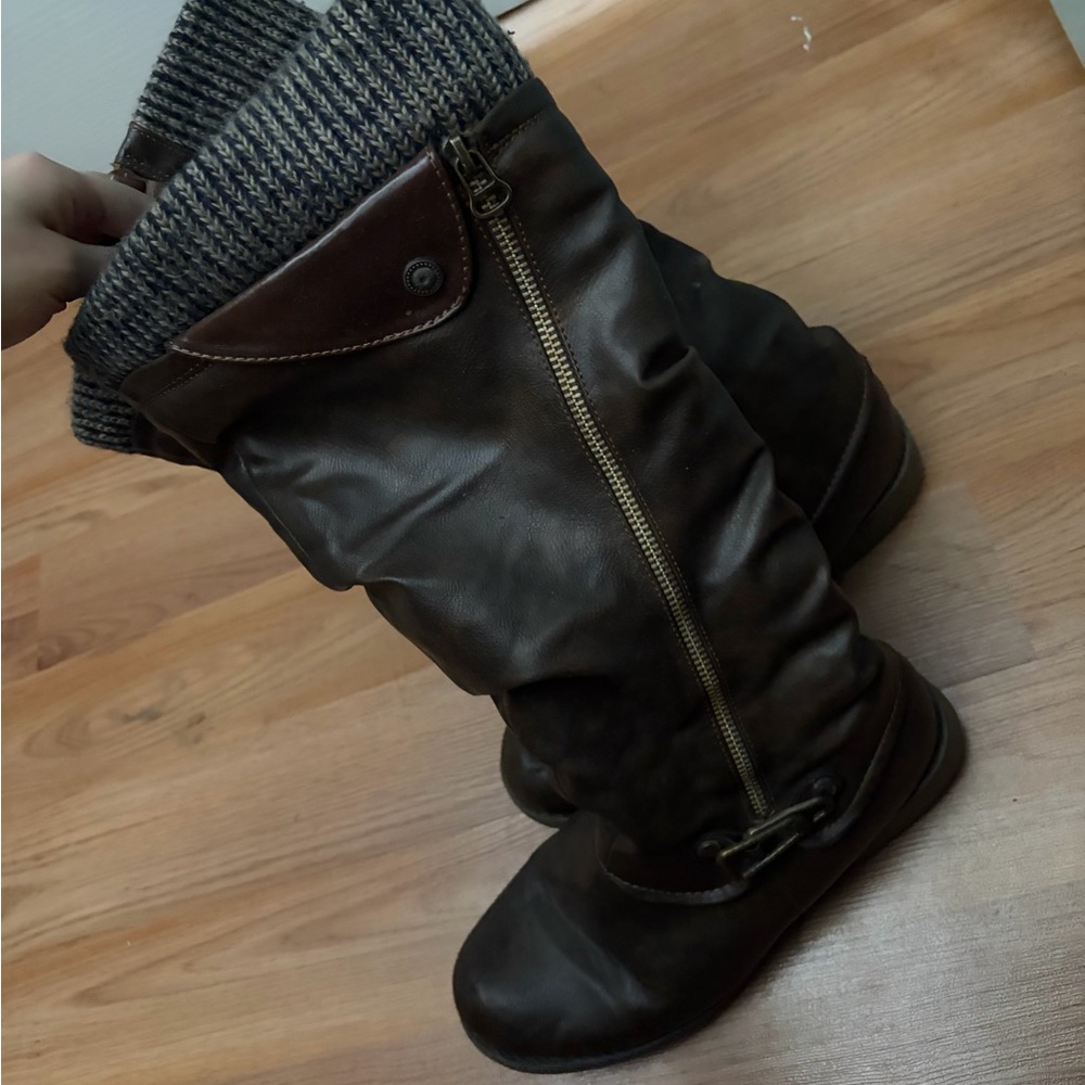 Dark Brown Knit-Cuff Faux Leather Mid-Calf Boots
